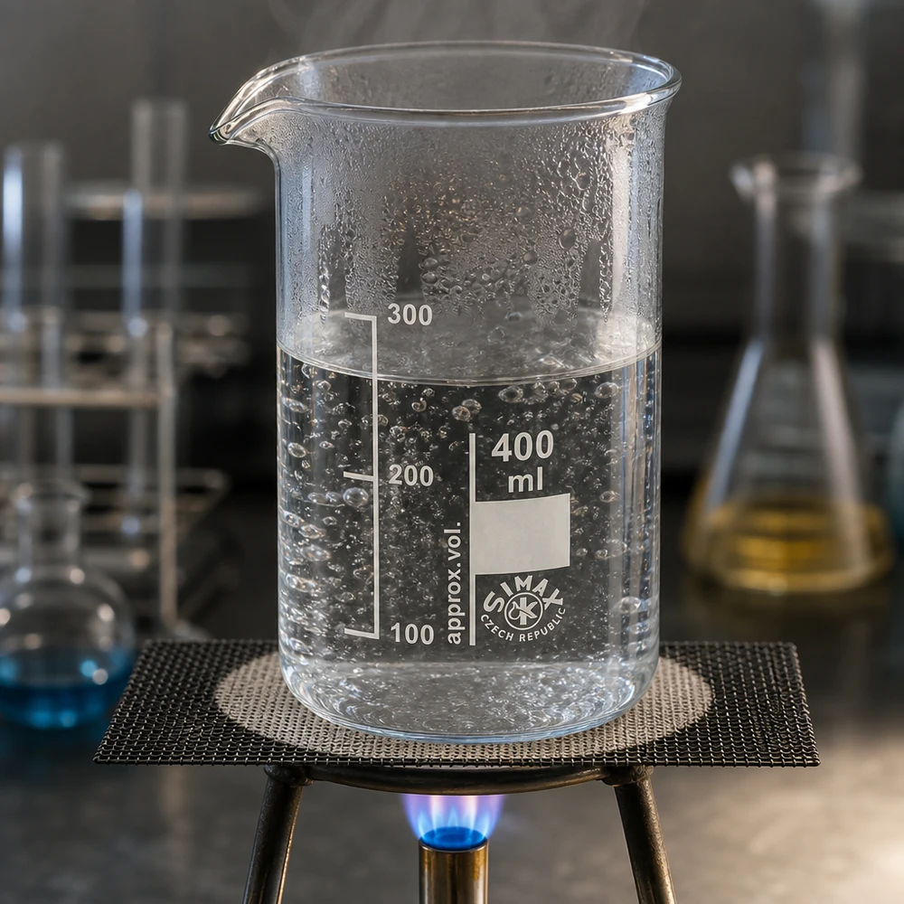 Becherglas 400ml Borosilikatglas, hohe Form Zylindrisches 400ml Becherglas aus Borosilikatglas beim Erhitzen im Chemielabor