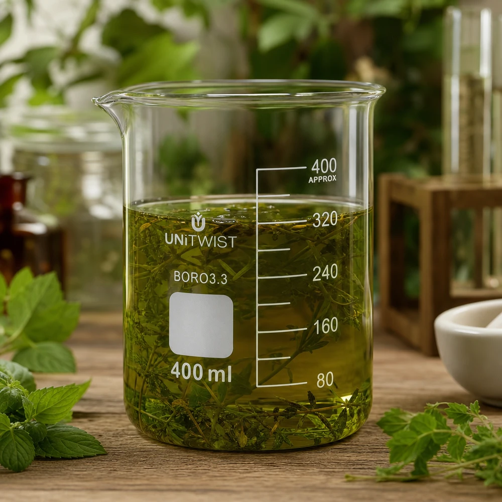 Klares Becherglas 400ml mit grünem Heilkräuteröl und frischen Pflanzen auf Holzunterlage