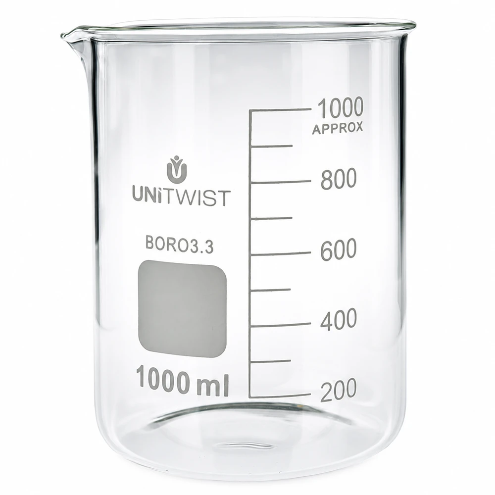 Becherglas 1000ml Borosilikat, niedrige Form UNiTWIST UNiTWIST 1000ml Laborbecherglas niedrige Form aus Borosilikat 3.3 bruchfestes Glas