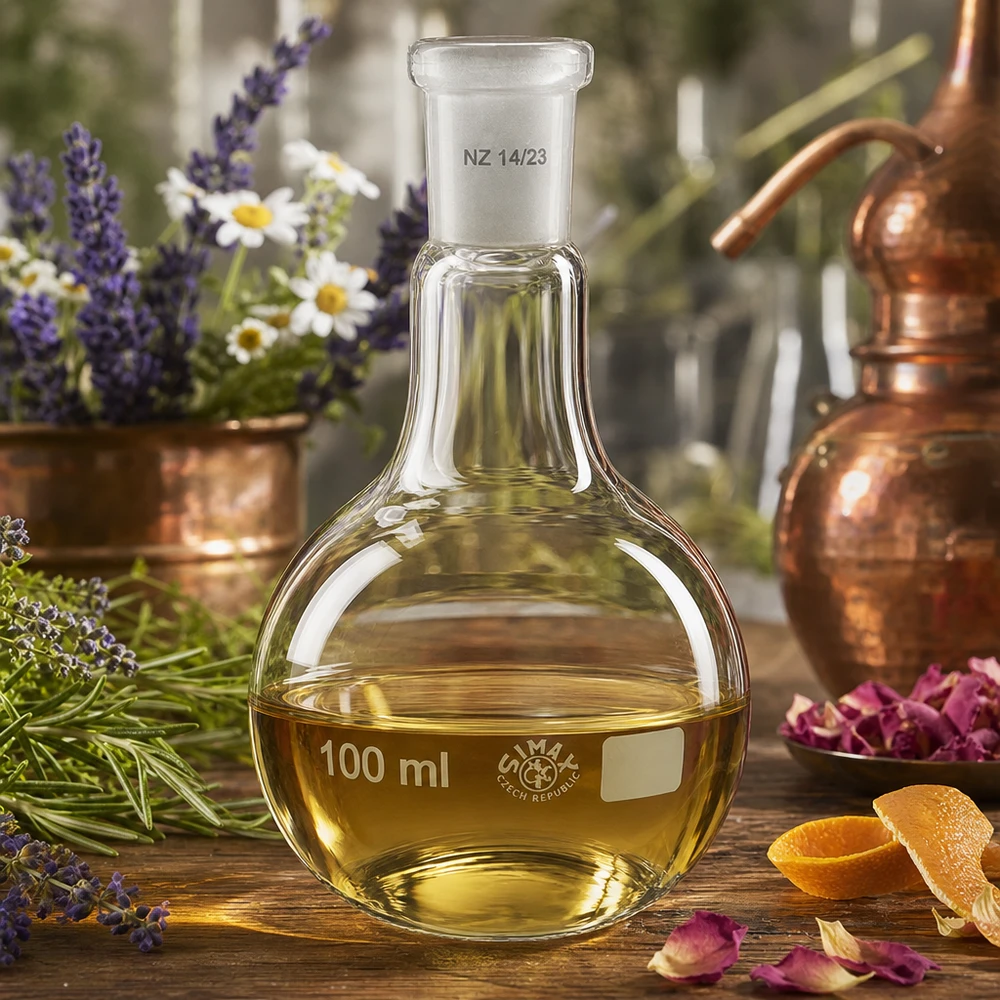 Stehkolben 100ml mit Normschliff (14/23) Stehkolben 100ml für Kräuterextraktion mit Normschliff 14/23 und authentischer Laborausstattung