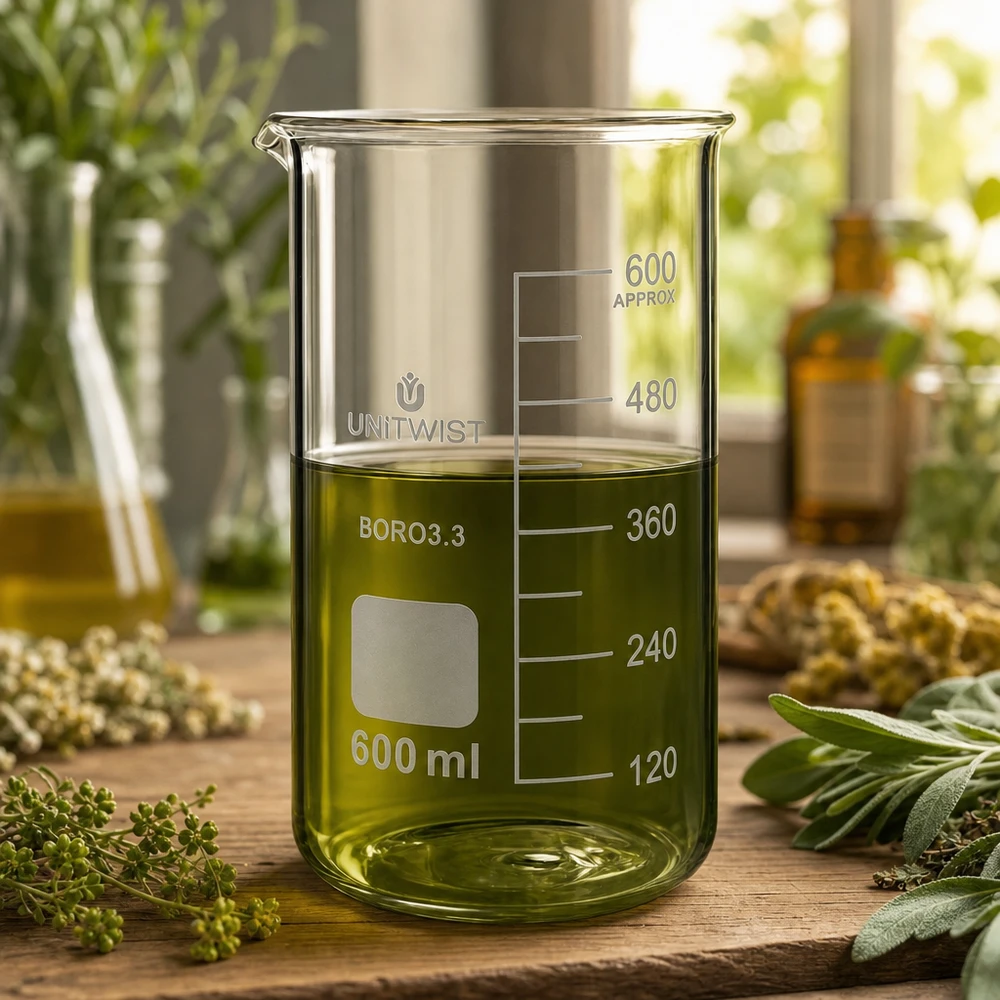 Becherglas 600ml Borosilikat, hohe Form UNiTWIST Transparentes UNITWIST Becherglas 600ml Borosilikat gefüllt mit grünem Extrakt bei Tageslicht