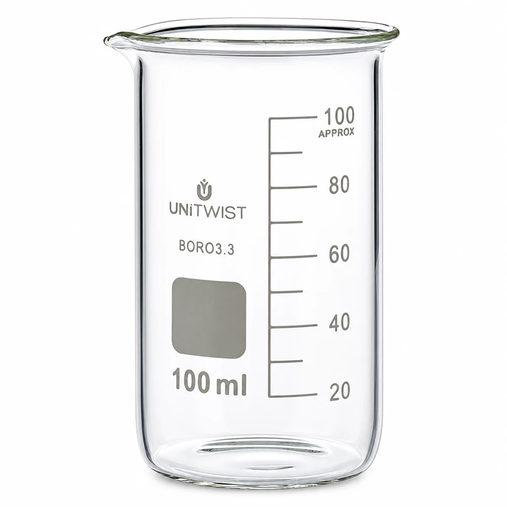 Becherglas 100ml Borosilikat, hohe Form UNiTWIST Chemieglas Becherglas 100ml hohe Form Borosilikat laborgeeignet transparent mit Skalierung UNITWIST