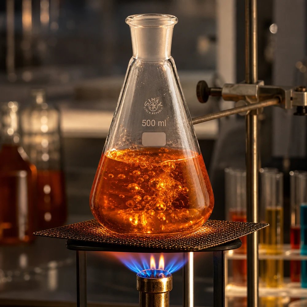 Chemische Reaktion in 500ml Glaskolben mit Normschliff 29/32 über Gasbrenner