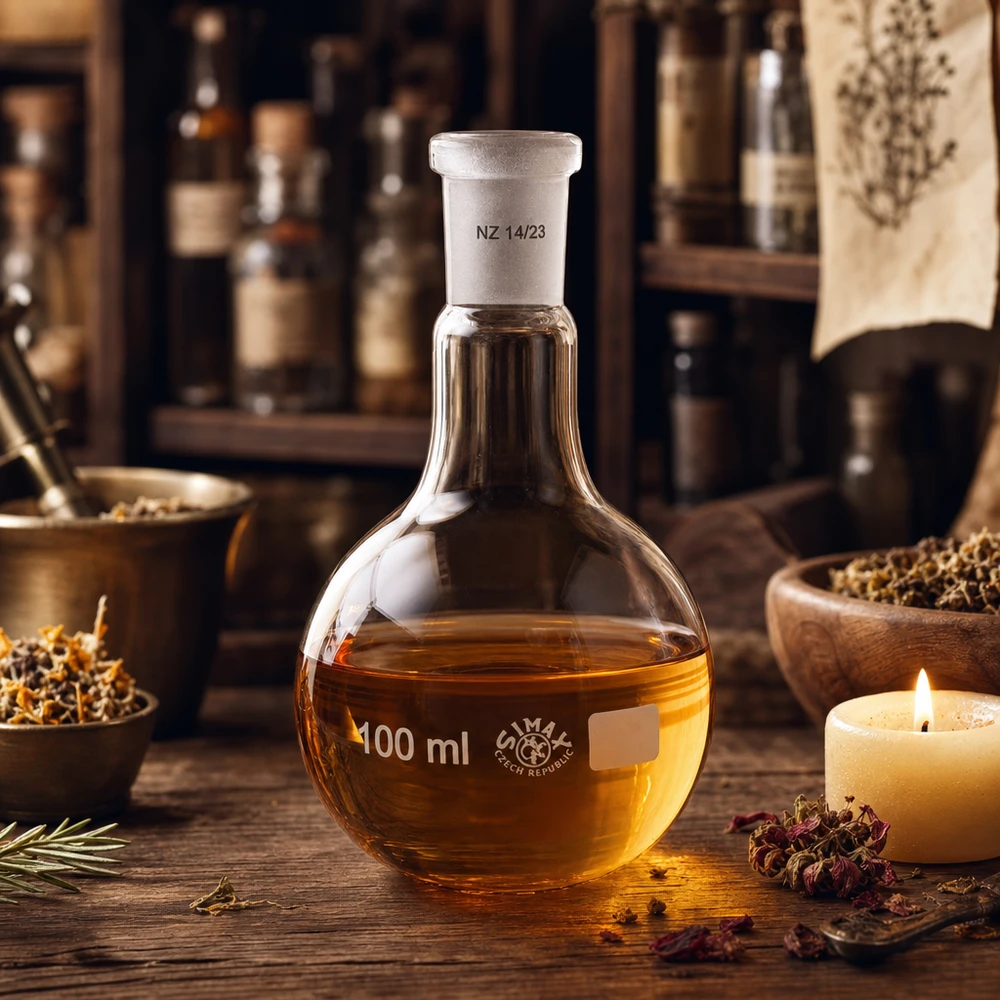Reaktionskolben 100ml mit bernsteinfarbigem Inhalt und standardisiertem Schliff 14/23