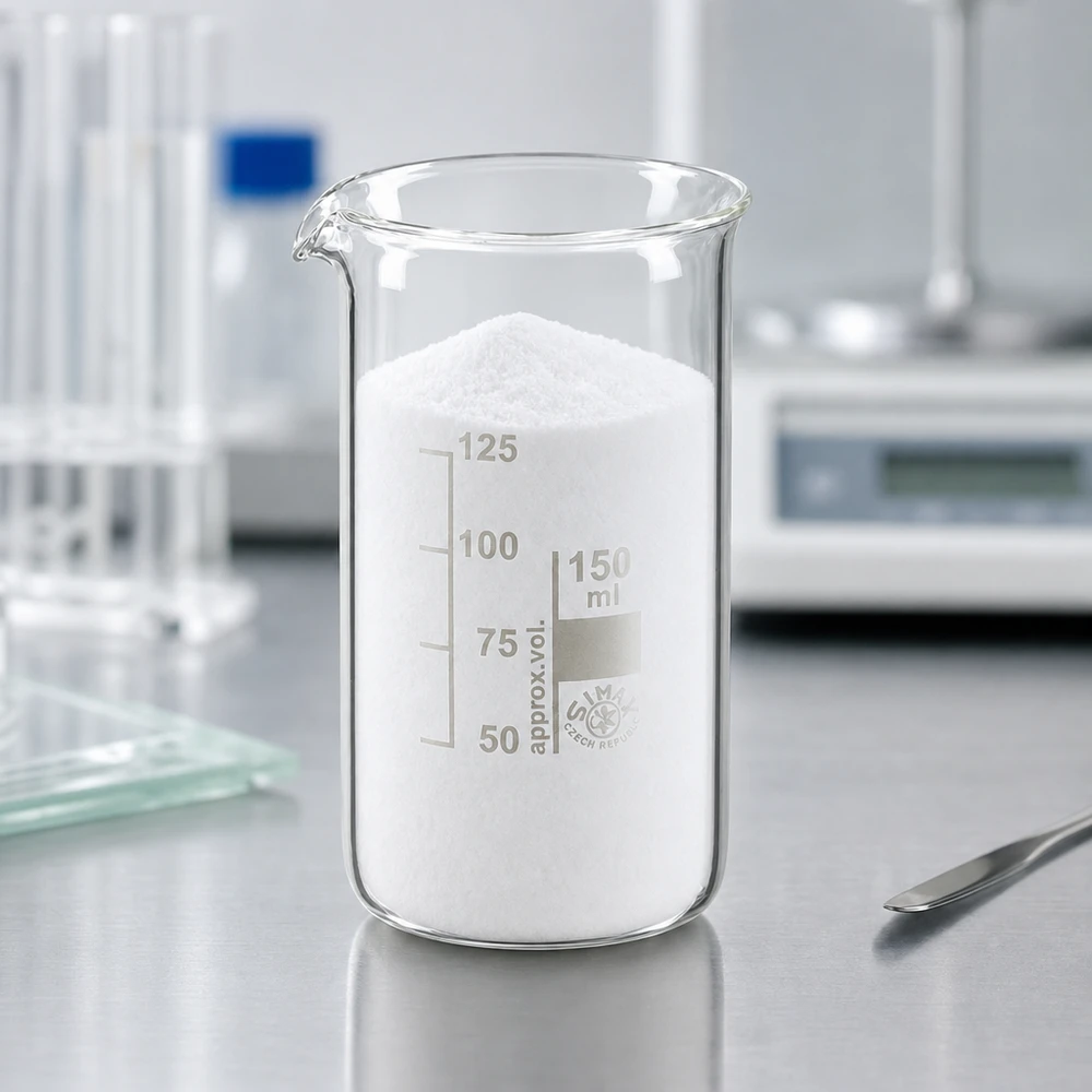 Becherglas 150ml hohe Form mit Reagenzglasständer und Präzisionswaage im Hintergrund
