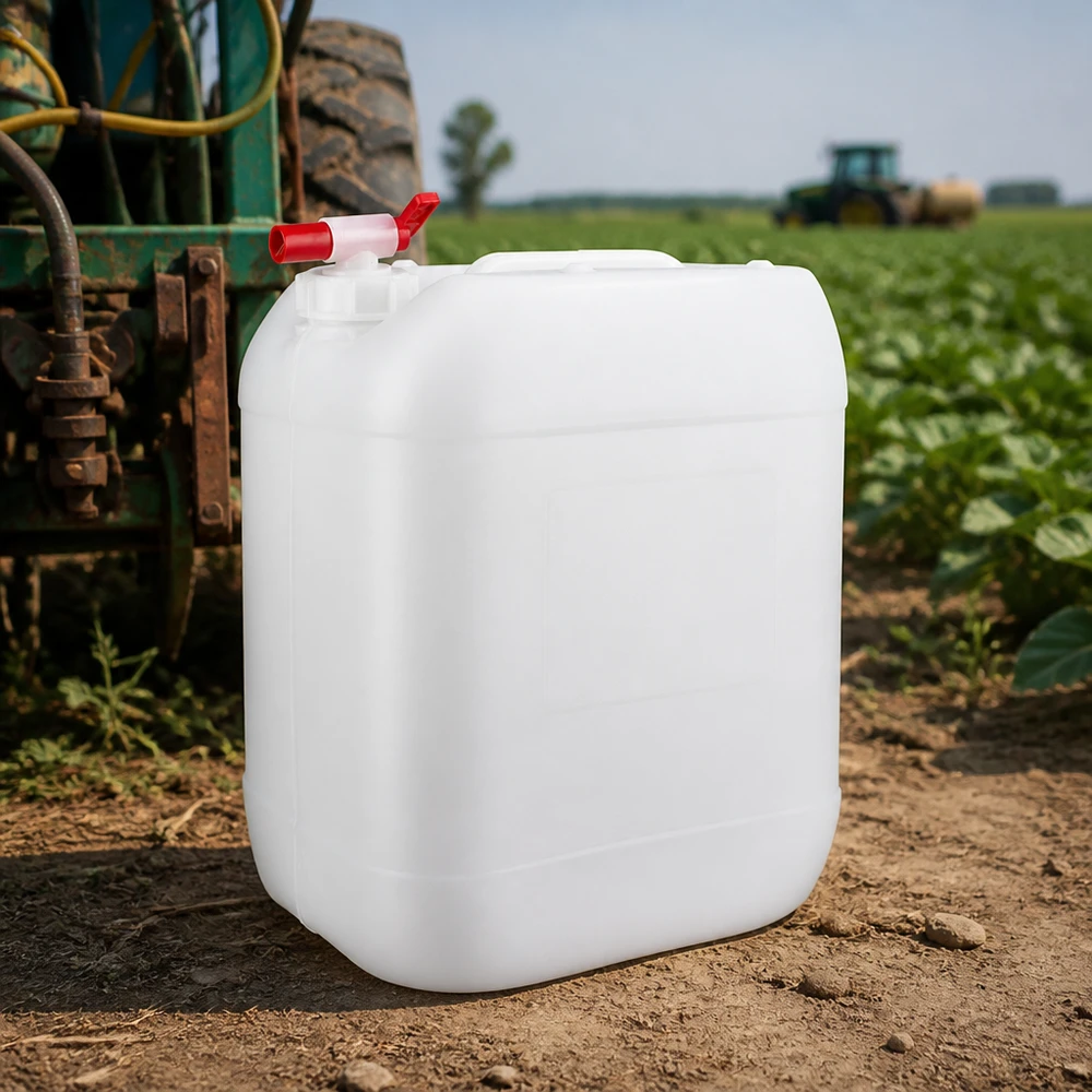 Robuster Feldkanister 20 Liter mit seitlichem Auslaufventil auf Erdboden