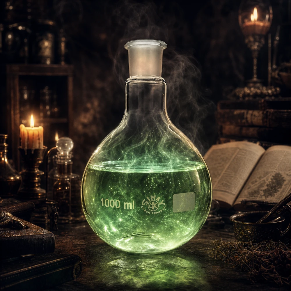 Stehkolben 1000ml mit Normschliff (29/32) Reaktionskolben 1000ml mit dampfender grüner Chemikalie und präzisem Schliffstopfen