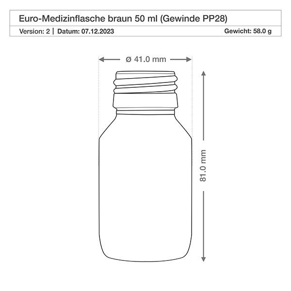 50ml Medizinflasche braun, mit Verschluss silber Aluminium ApoGlas Robuste Braunglasflasche 50ml mit weiter Flaschenöffnung PP28 ideal für Pulver und Granulate