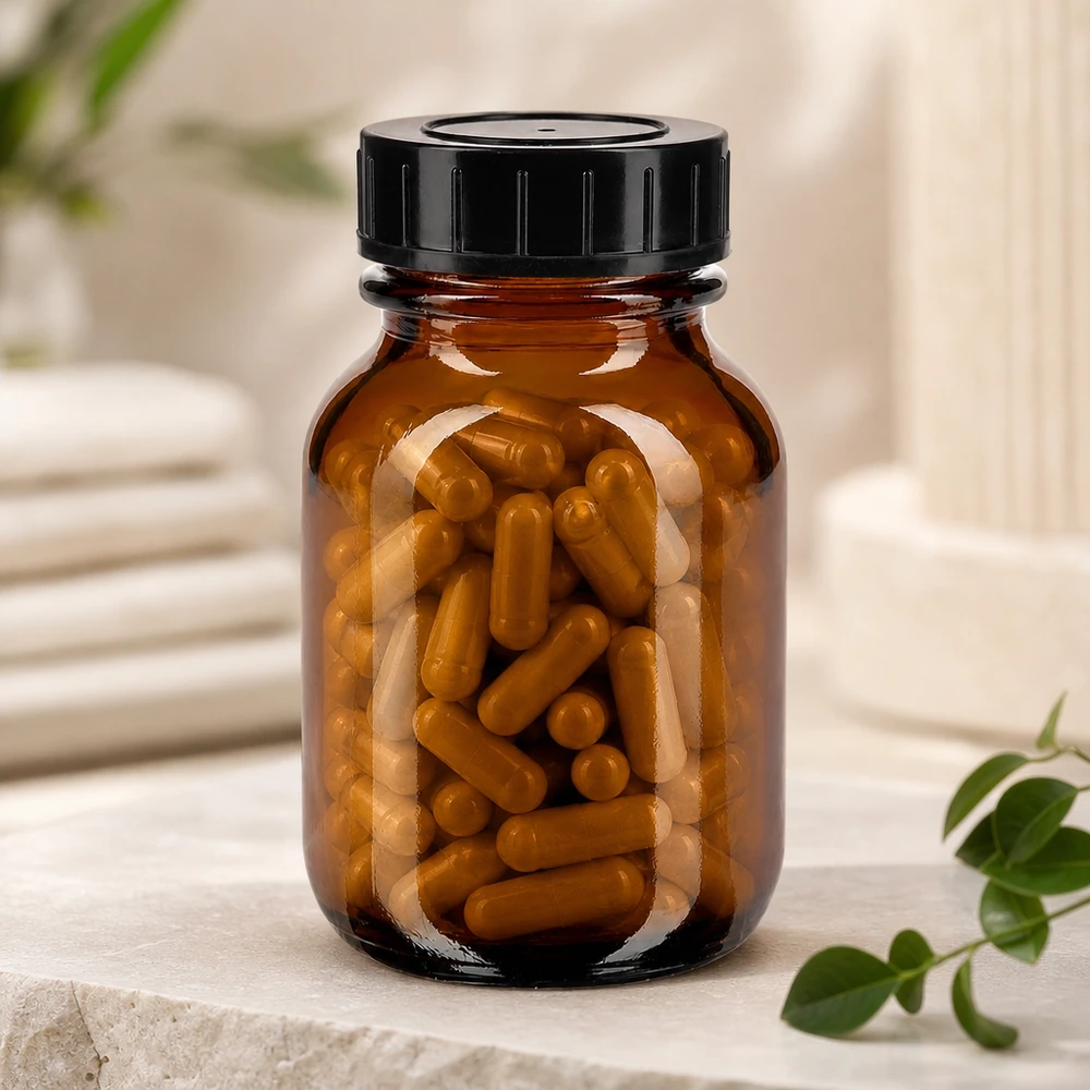 Bernsteinfarbene Weithalsflasche 50ml aus lichtundurchlässigem Glas mit sicherem Verschluss