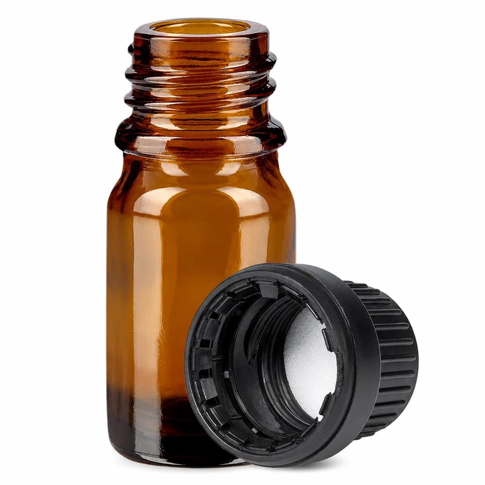 Hochwertige 5ml Flasche aus Braunglas mit schwarzem Sicherheitsverschluss für Laboranwendungen