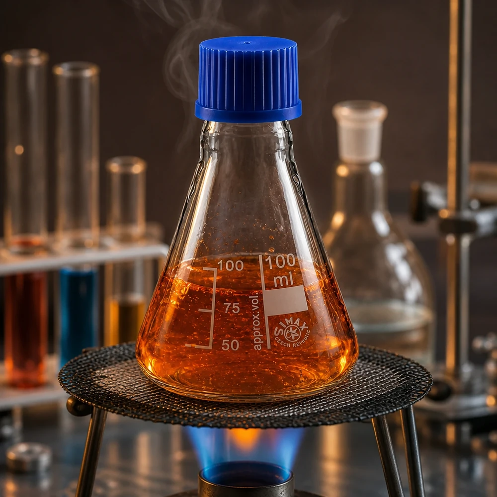 Wissenschaftlicher Erlenmeyerkolben 100ml mit blauem Deckel für Forschung und Analyse