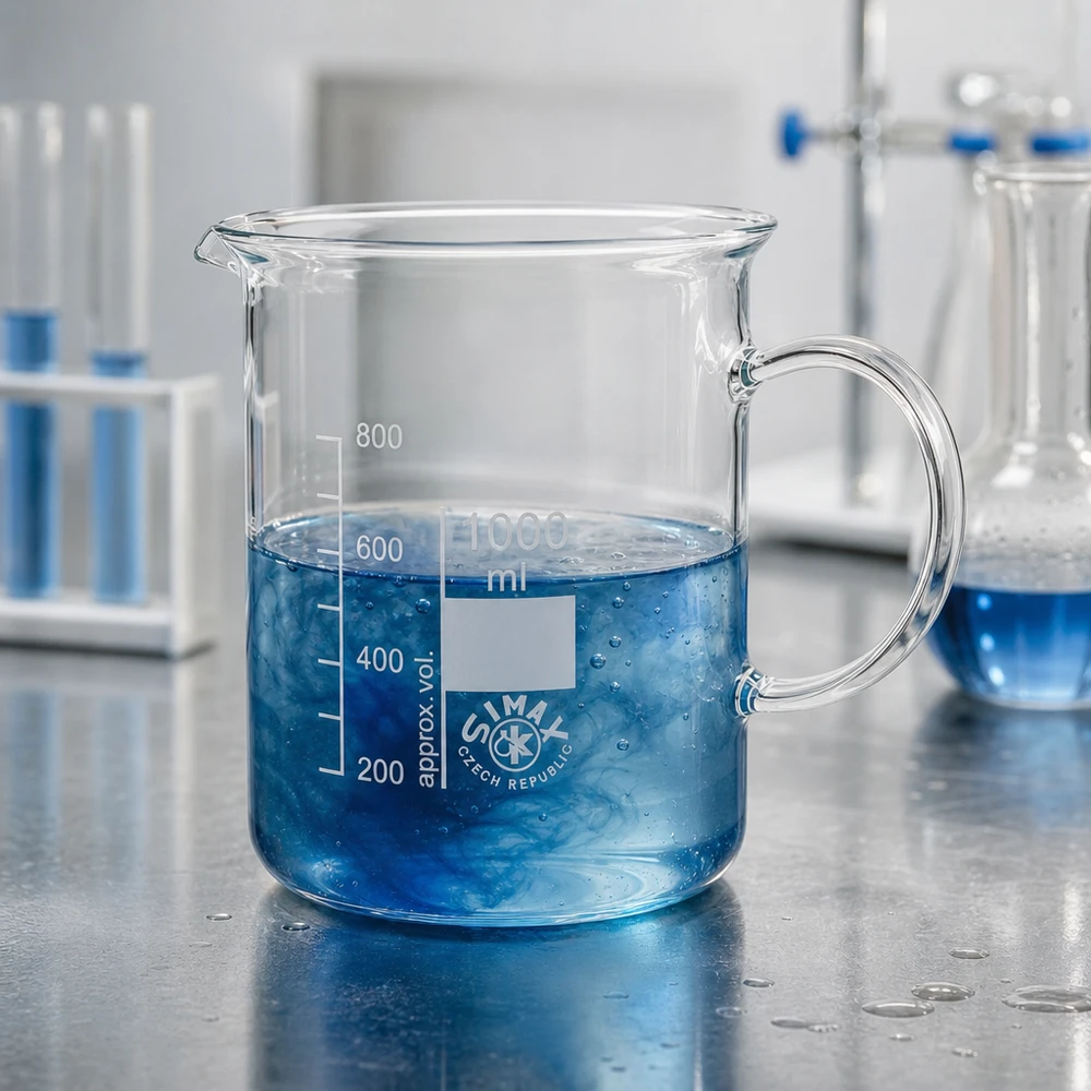 Becherglas 1000ml Borosilikatglas, mit Henkel Laborglasware Becherglas 1000ml mit Glasgriff Ausgussnase und weißer Beschriftungsfläche
