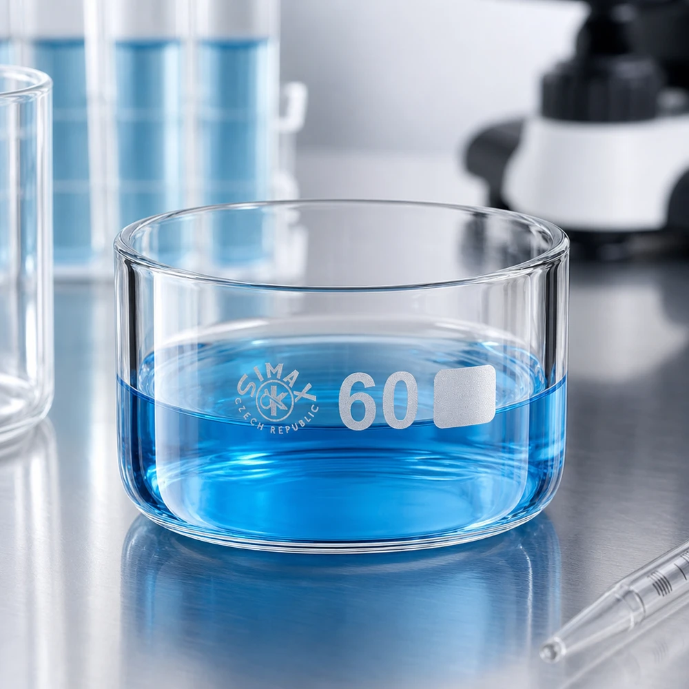 Borosilikatglas Verdunstungsschale 60ml mit blauer Flüssigkeit für chemische Analyse