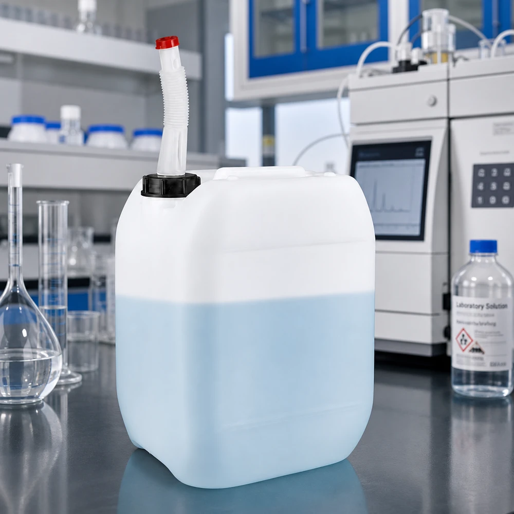 Rechteckiger 10 L Kanister mit biegsamem Auslaufrohr und roter Schutzkappe für Laborchemikalien