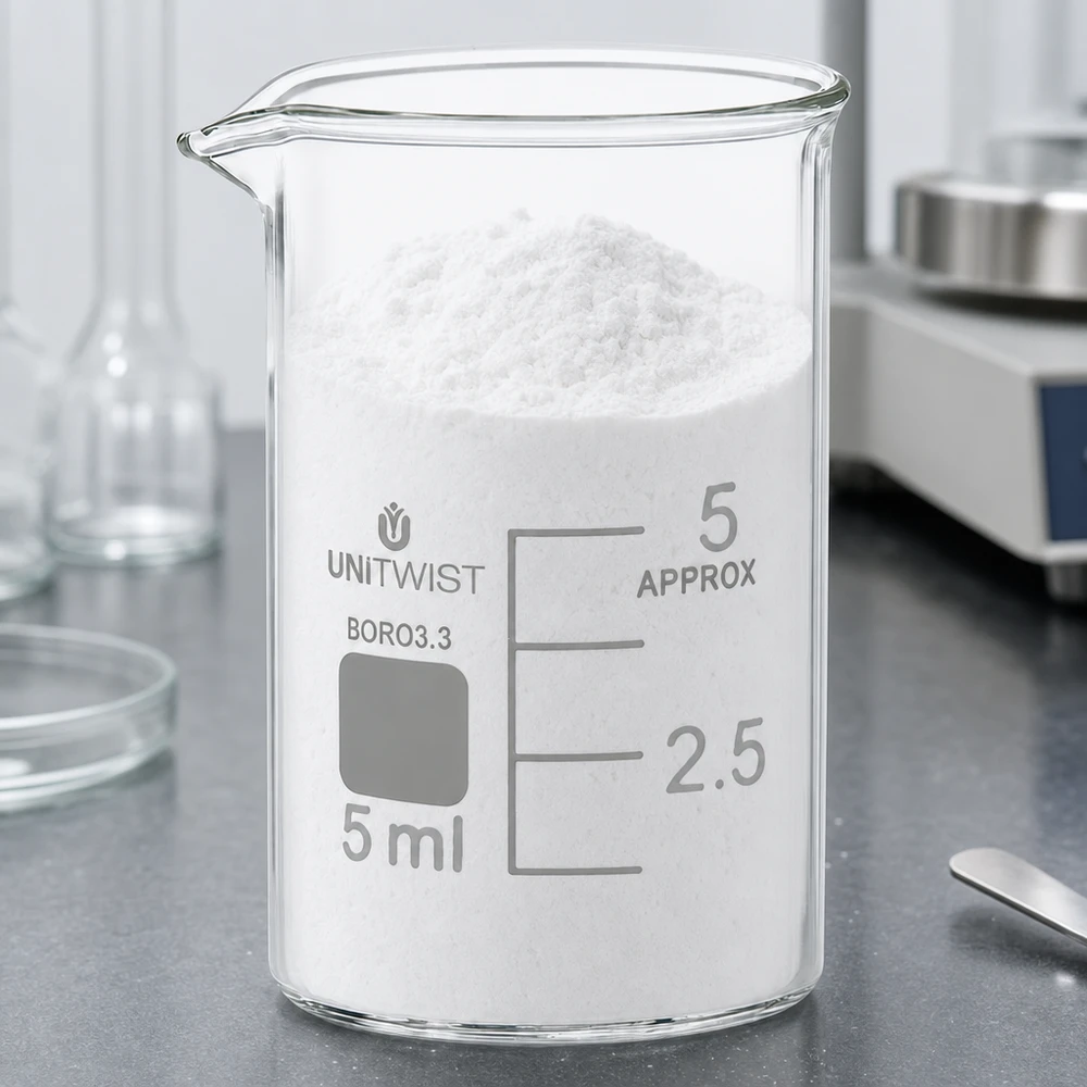 Becherglas 5ml niedrige Form Borosilikat 3.3 mit weißem Pulver und sichtbarer Milliliter Skala