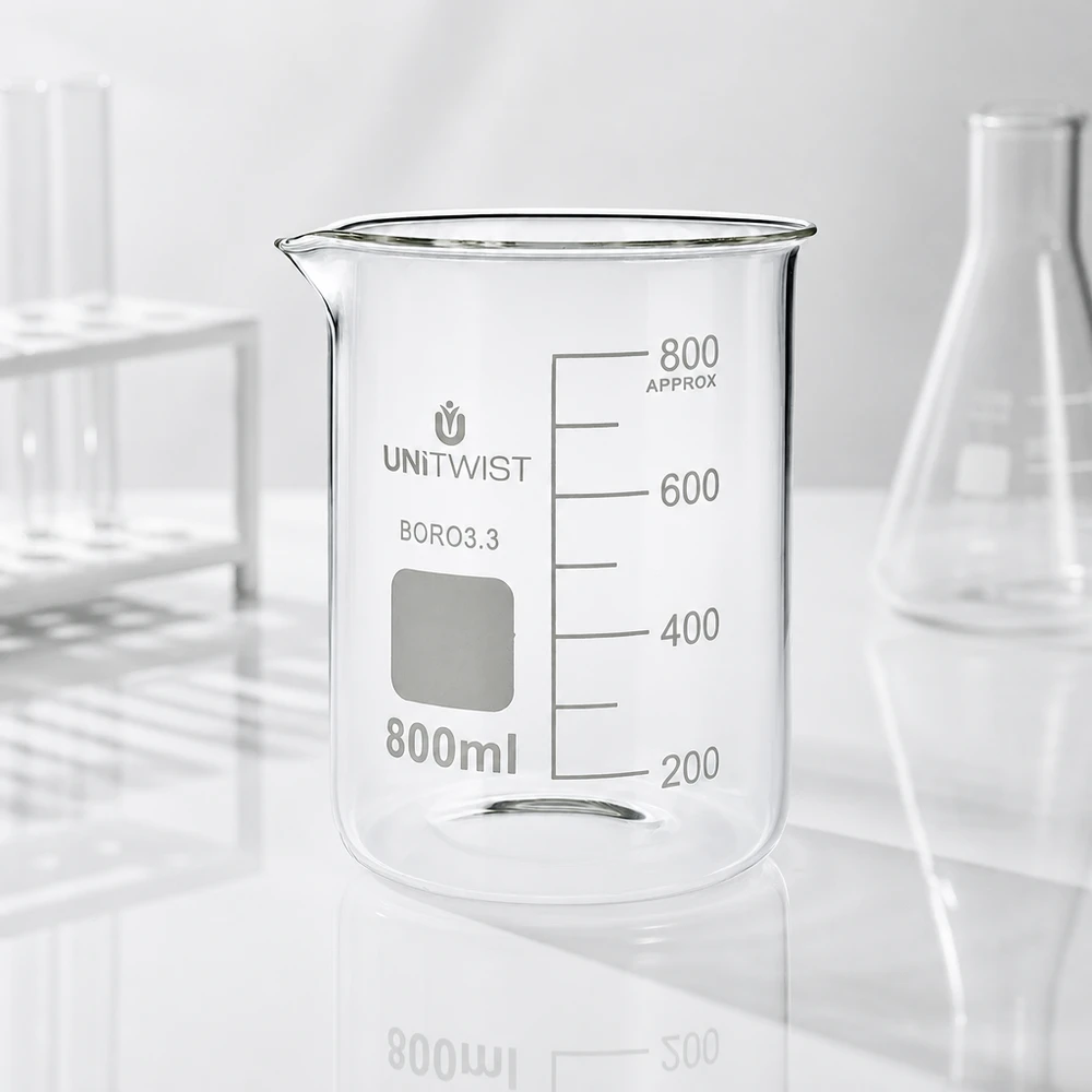 UNiTWIST Laborglas 800ml Borosilikat niedrige zylindrische Form mit weißem Beschriftungsfeld