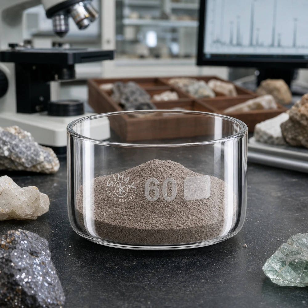60ml Kristallisierschale ohne Ausguss Borosilikat ø60mm Transparente Laborschale 60ml Borosilikat mit Gesteinsmehl zwischen Mineralproben und Laborgeräten