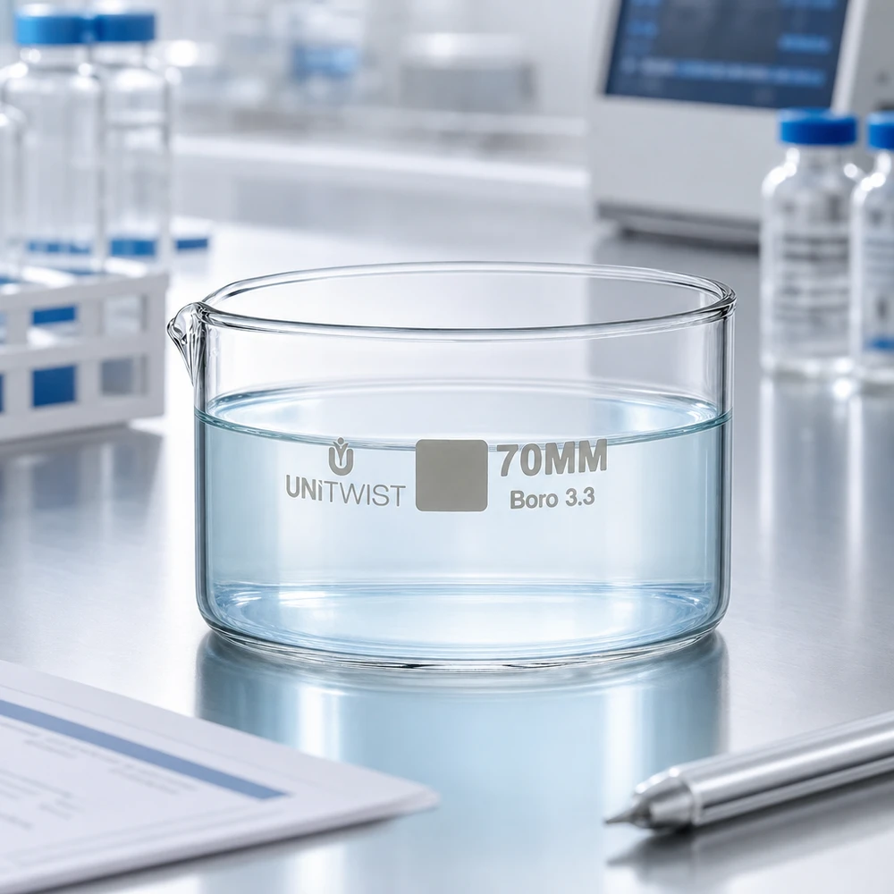Kristallisierschale ø70mm Borosilikatglas UNiTWIST Transparente Kristallisierschale 70mm Boro 3.3 UNiTWIST mit Wasserinhalt Laborumgebung