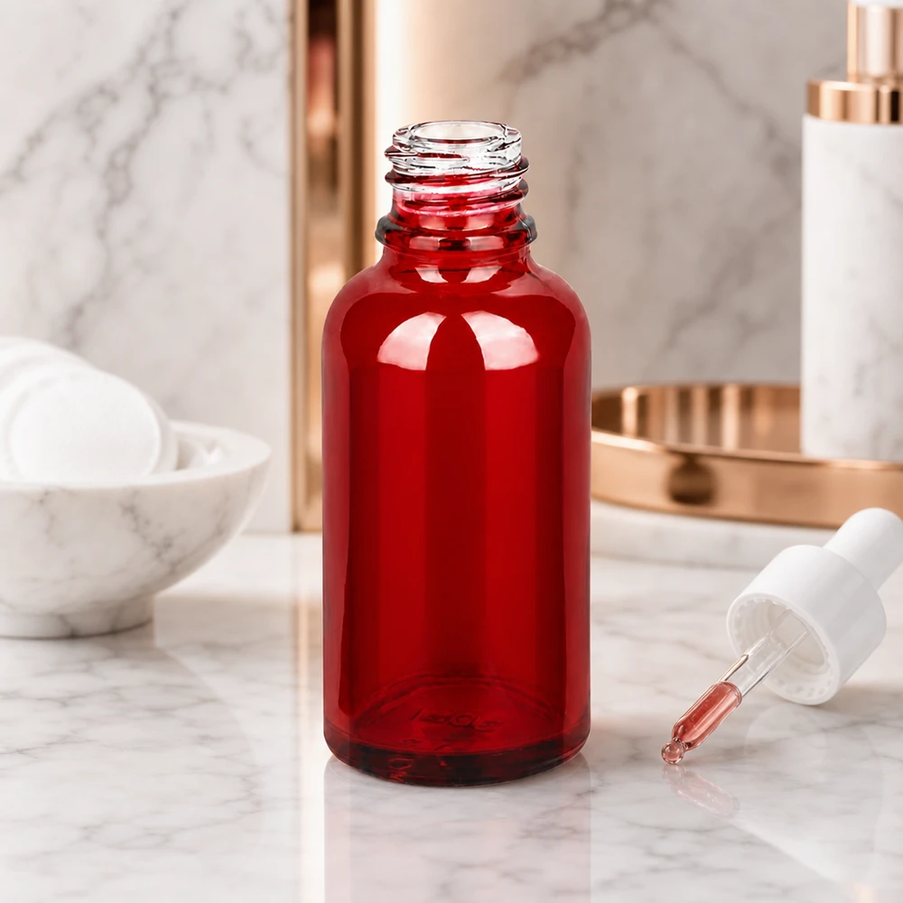 Stilvolle 30ml Apothekerflasche RedLine UT18/30 UNiTWIST in rotem Glas mit Pipettenverschluss