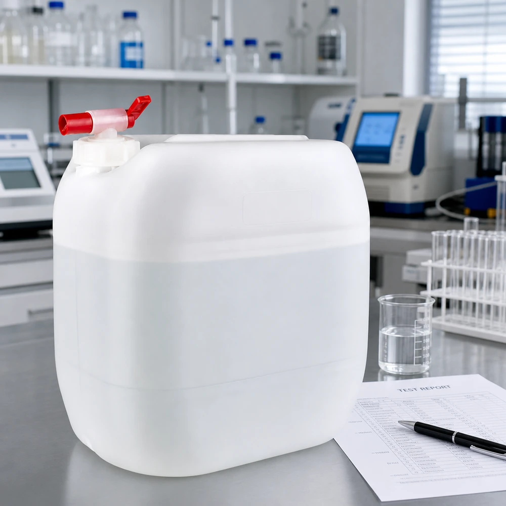 Robuster 30 Liter Vorratsbehälter mit Entnahmehahn zwischen Laborgeräten und Reagenzgläsern