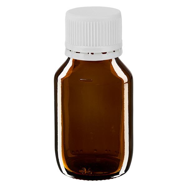 50ml Medizinflasche braun, Verschluss weiß mit Originalitätsring ApoGlas 50ml Medizinflasche braun, Verschluss weiß mit Originalitätsring ApoGlas
