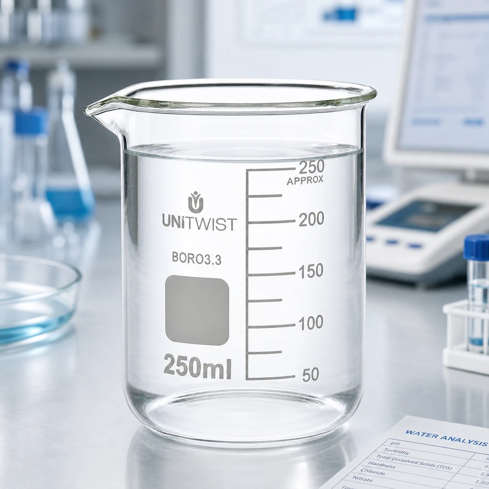 Becherglas 250ml Borosilikat, niedrige Form UNiTWIST Hitzebeständiges Becherglas 250ml Borosilikat 3.3 niedrige Form für chemische Analysen