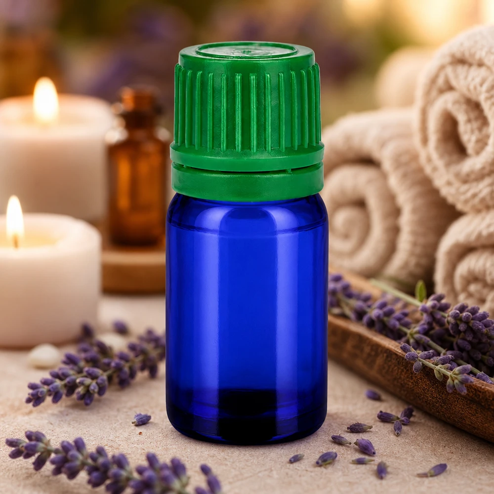 5ml Flasche 11mm Schraubverschluss grün Originalitätsverschluss BlueLine UT18/5 Lichtgeschützte 5ml Glasflasche in elegantem Blau mit stabilem grünen Schraubverschluss
