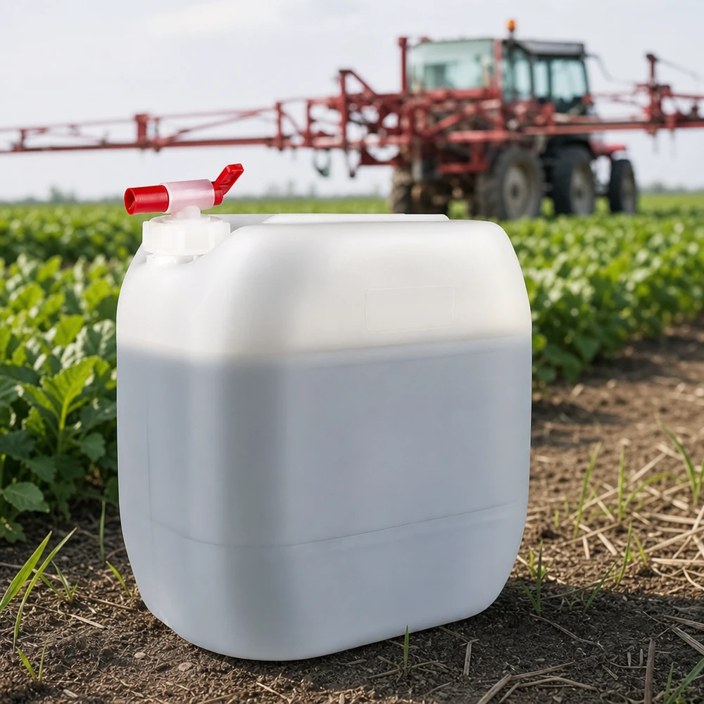 Großvolumiger weißer Kanister 30 Liter mit Ablasshahn für agrochemische Flüssigkeiten