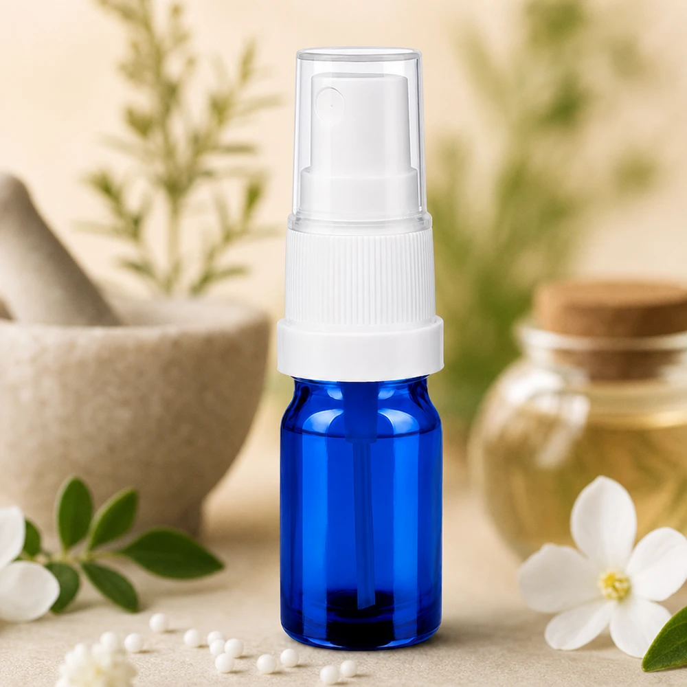 5ml Sprayflasche weiß/transparent Standardverschluss BlueLine UT18/5 Robuste 5ml Glassprayflasche blau mit weißem Pumpkopf STD BlueLine UT18/5 für mobile Anwendung