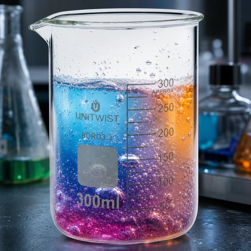 Transparentes Borosilikat Laborbecherglas 300ml mit pink-blau-orangefarbenem Flüssigkeitsinhalt
