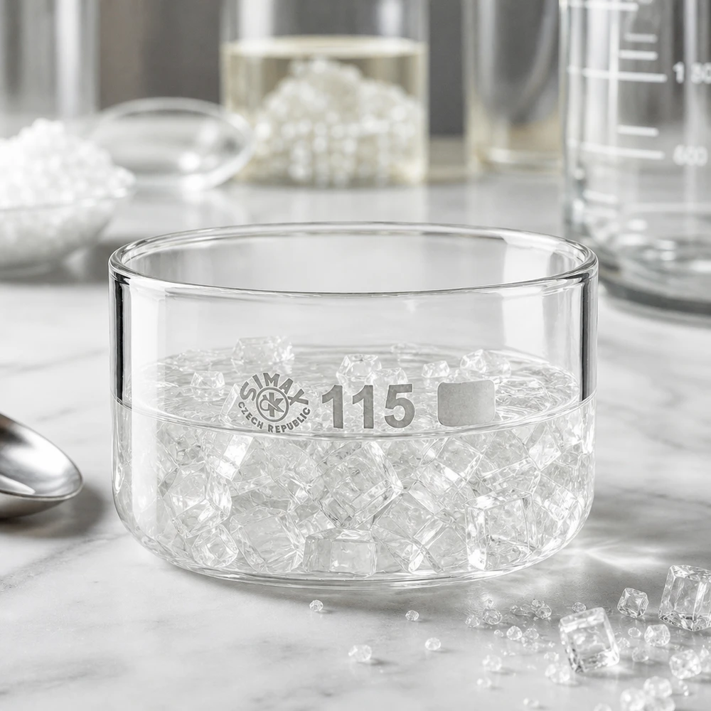 500ml Kristallisierschale ohne Ausguss Borosilikat ø115mm SIMAX Glasschale 115mm Durchmesser niedrige Bauform mit körnigem Kristallinhalt im Laborset