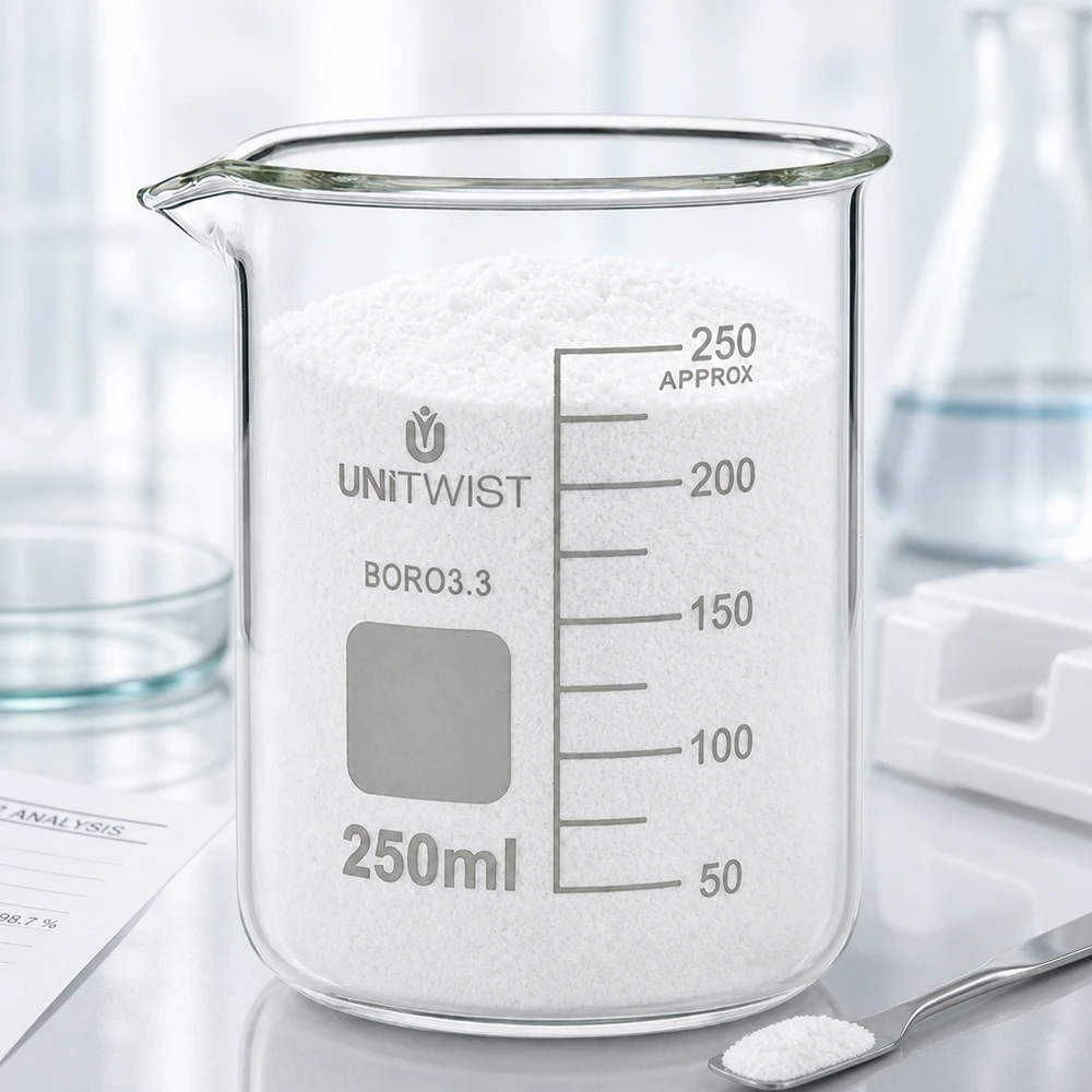 Becherglas 250ml niedrige Form UNiTWIST mit weißer körniger Substanz über dem Rand gefüllt