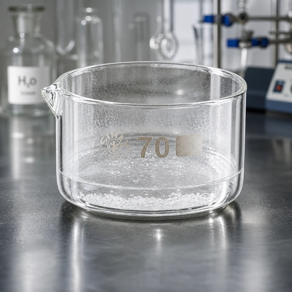 Niedrige Borosilikatglas Schale 70mm mit Ausguss im professionellen Laborumfeld mit Glasgeräten