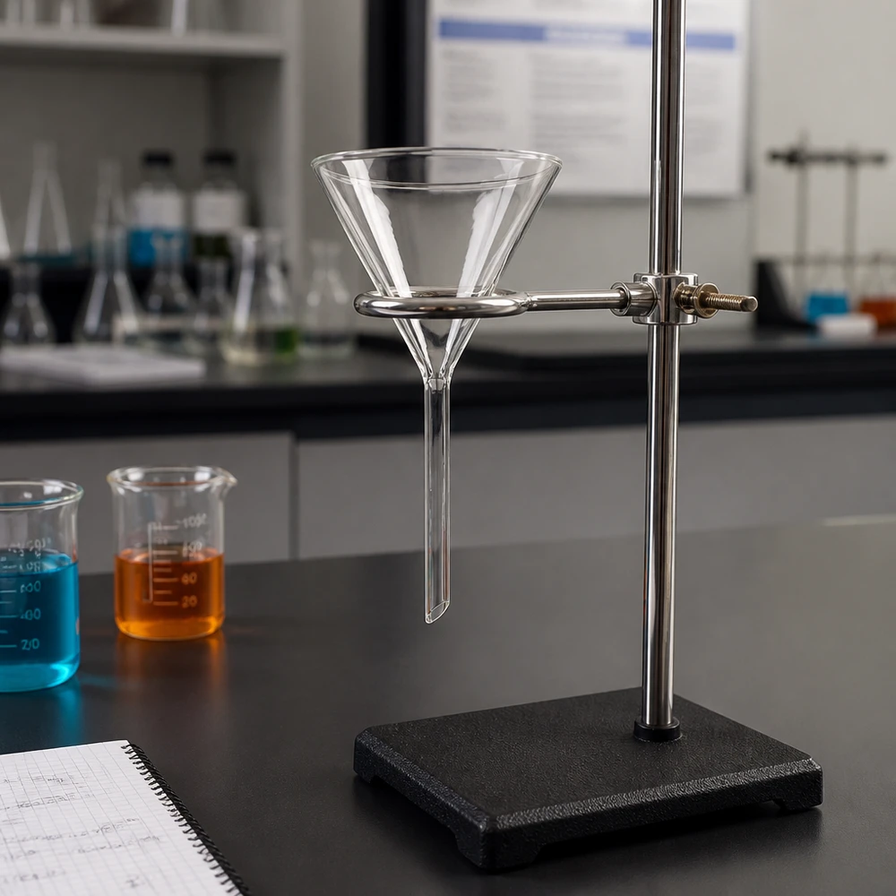 Ergonomischer Labortrichter mit kurzem Stiel für einfache Handhabung beim Befüllen kleiner Öffnungen