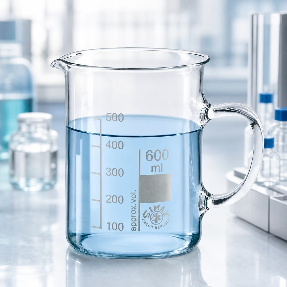Becherglas 600ml Borosilikatglas mit Henkel für Laboranwendungen Chemie und Forschung