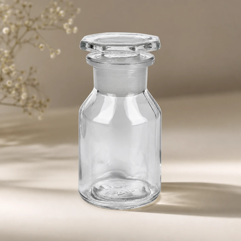 Steilbrustflasche 50ml Weithals klar mit Glasstopfen robuste Apothekerflasche im Vintage-Stil