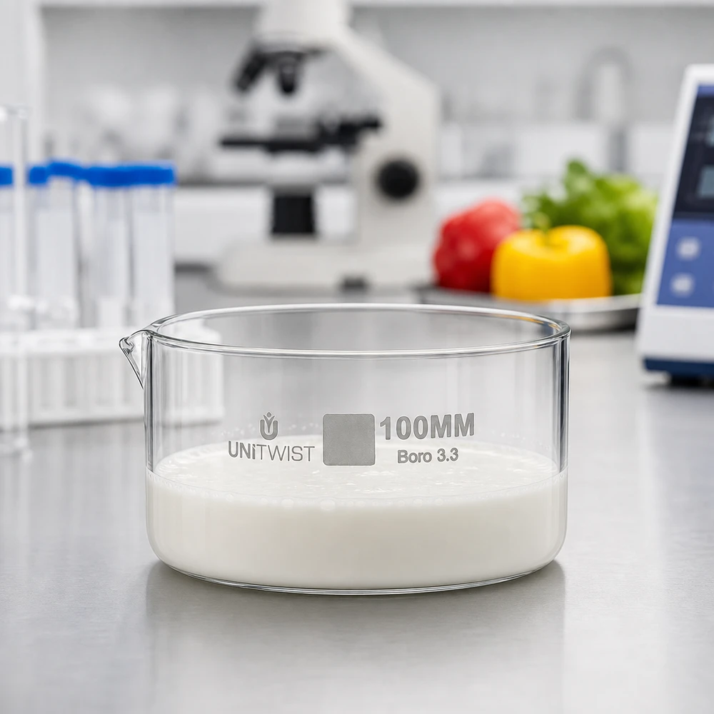 Kristallisierschale ø100mm Borosilikatglas UNiTWIST Kristallisierschale 100mm UNiTWIST Borosilikatglas hitzebeständig Lebensmittellabor weißer Inhalt