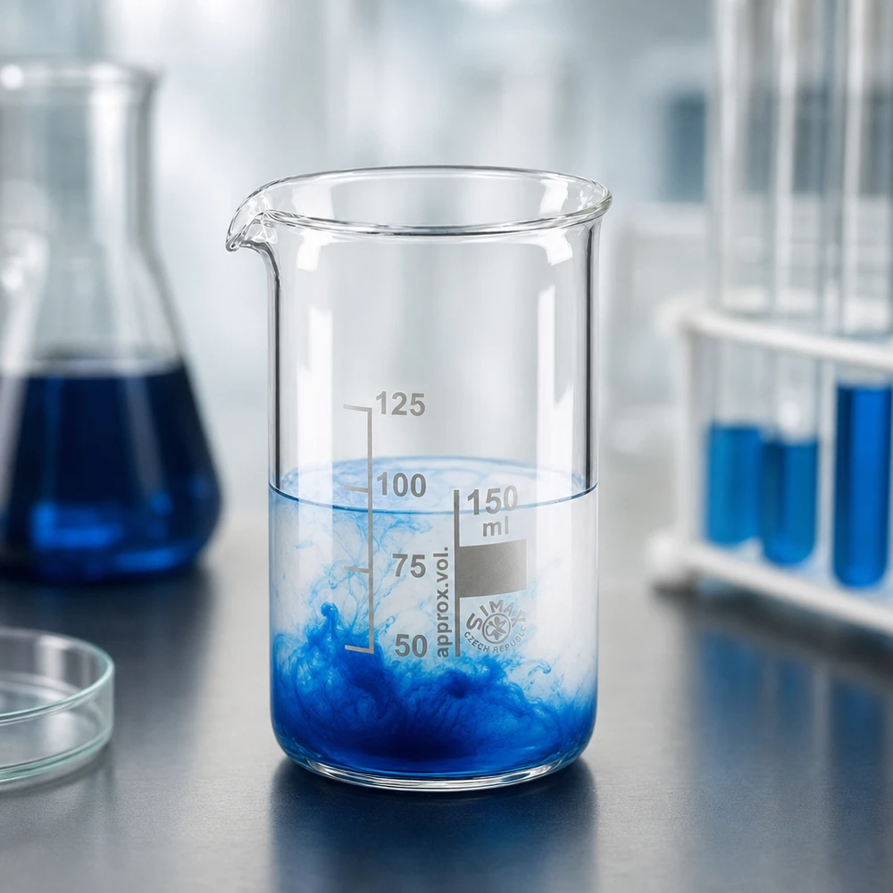 Becherglas 150ml Borosilikatglas, hohe Form Becherglas 150ml hohe zylindrische Form mit blauer Tinte die sich im Wasser auflöst