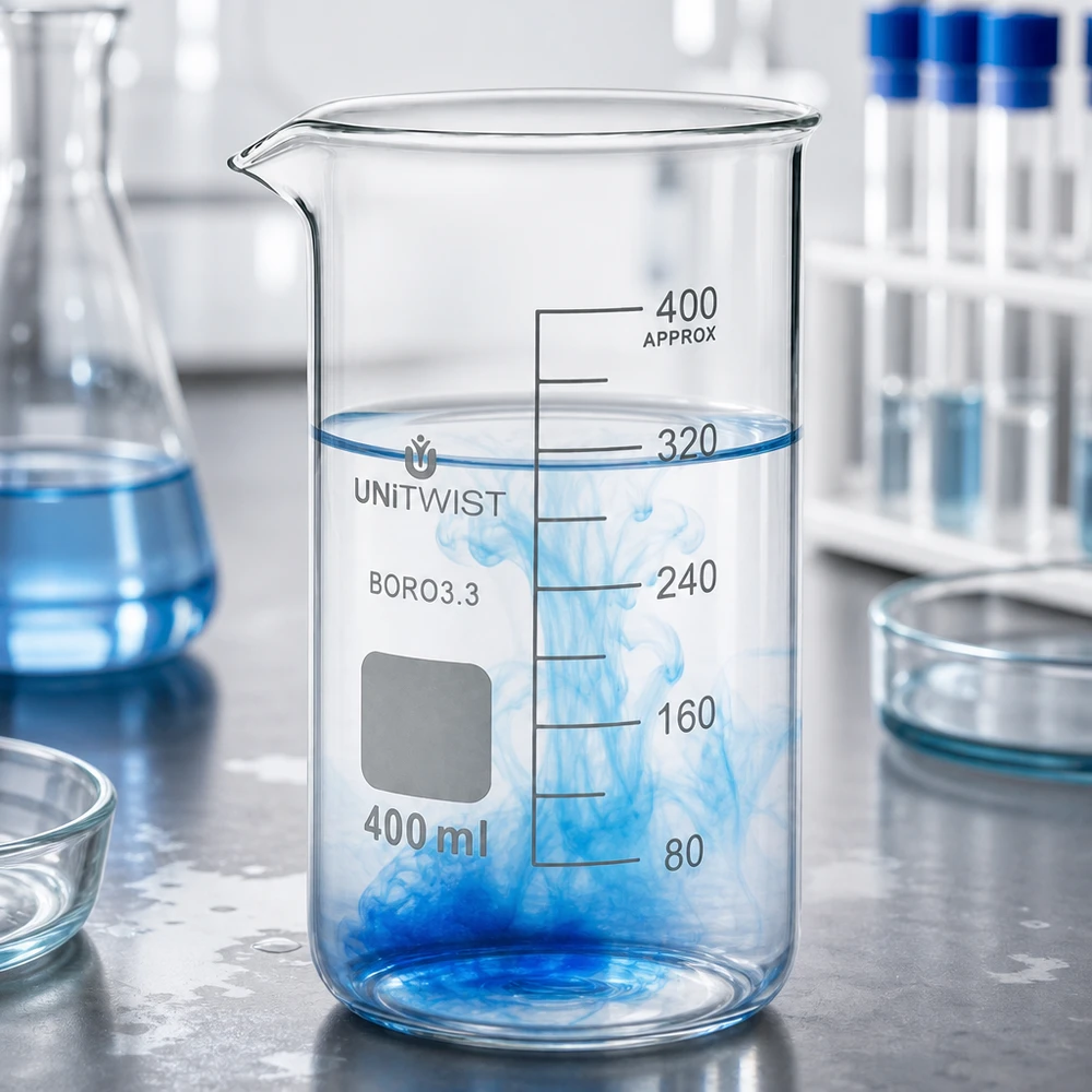 Becherglas 400ml Borosilikat, hohe Form UNiTWIST UNITWIST Becherglas 400ml hohe Form mit beschriftbarem Etikettenfeld und präziser Volumenskalierung