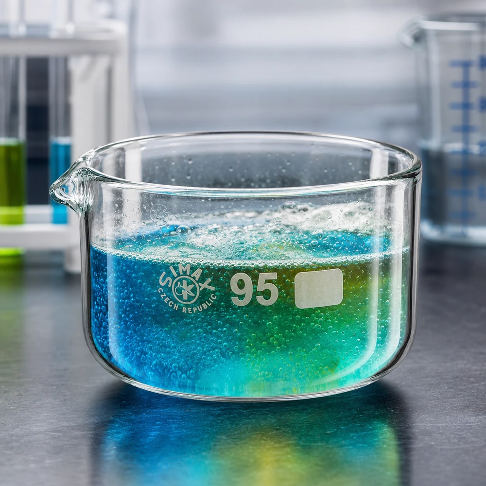 300ml Kristallisierschale mit Ausguss Borosilikat ø95mm Kristallisierschale ø95mm 300ml mit aktivem Lösungsvorgang blau-grüner Chemikalien Labor