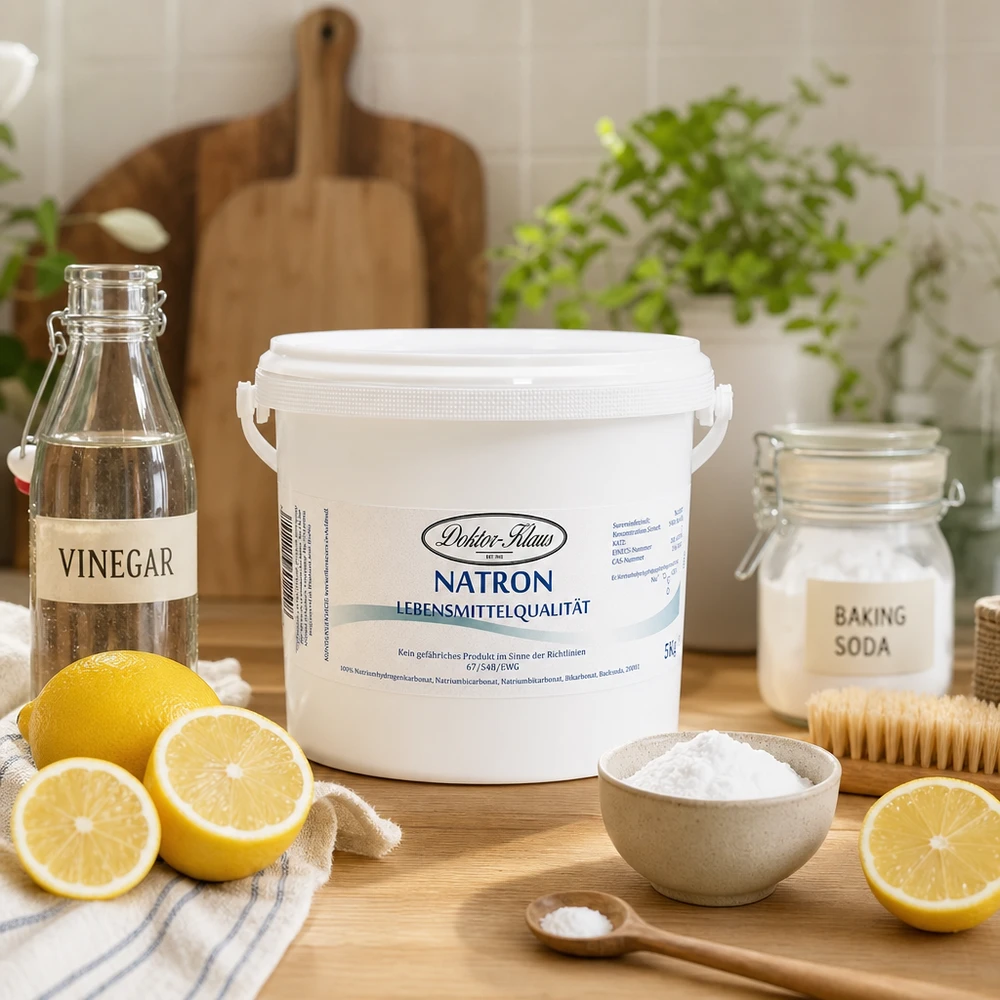 Doktor Klaus 5kg Natron Vorratspackung mit natürlichen Reinigungszutaten auf Arbeitsplatte