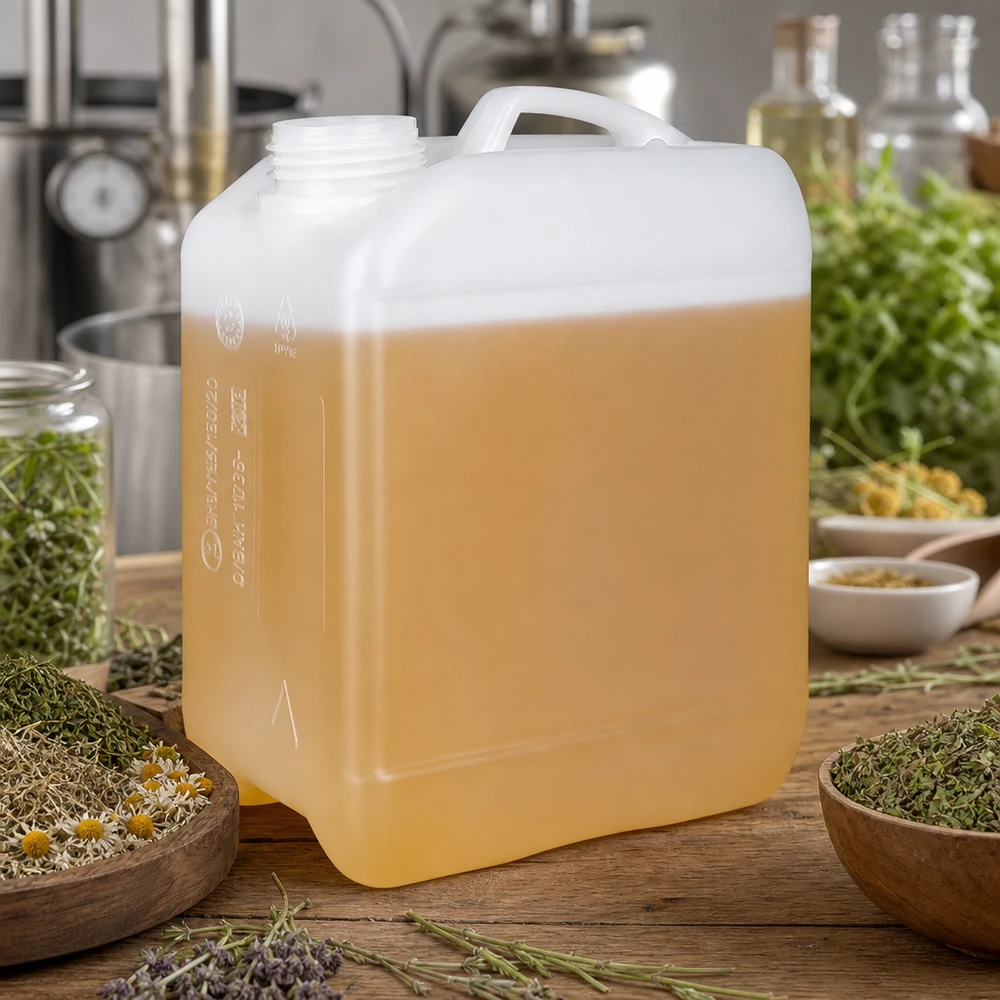 Kanister 2.5 Liter ohne Verschluss Lebensmittelechter Kanister 2,5 Liter auf Holztisch mit getrockneten Heilkräutern