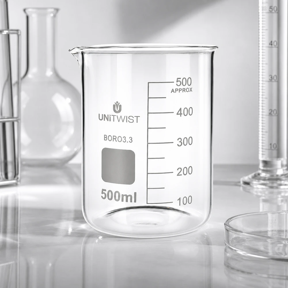 UNiTWIST Chemieglas 500ml niedriger Form mit quadratischem Beschriftungsfeld und Volumenskala