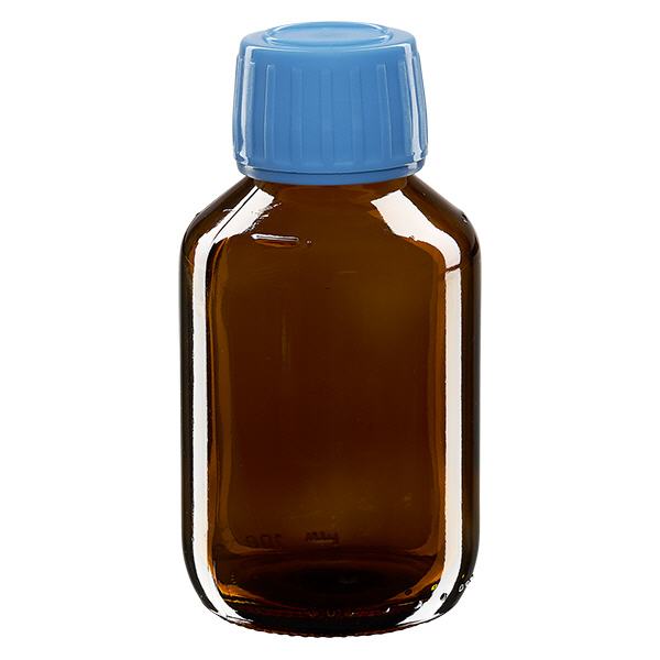 100ml Medizinflasche braun, Verschluss blau mit Originalitätsring ApoGlas 100ml Medizinflasche braun, Verschluss blau mit Originalitätsring ApoGlas