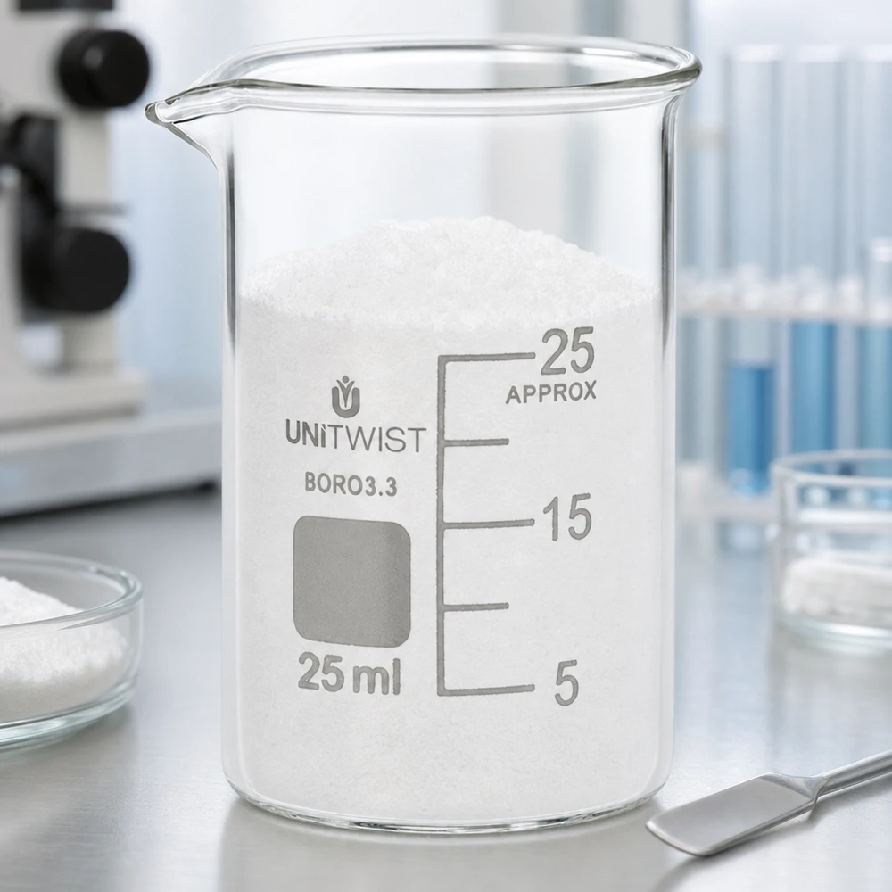 Becherglas 25ml Borosilikat, niedrige Form UNiTWIST Graduiertes Becherglas 25ml Borosilikat niedriger Form mit weißem Granulat befüllt