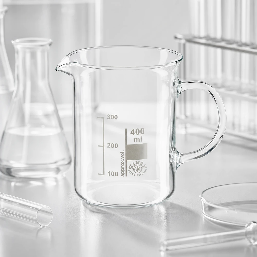 Robustes Becherglas 400ml mit Henkel aus chemikalienbeständigem Borosilikatglas