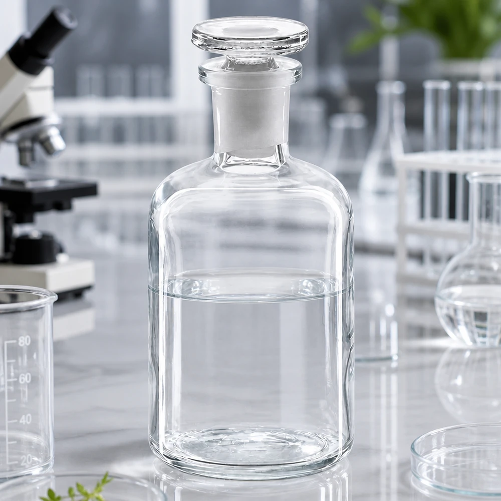 Kleine Laborflasche 100ml klar Enghals runder Glasstopfen neben Becherglas und Petrischale