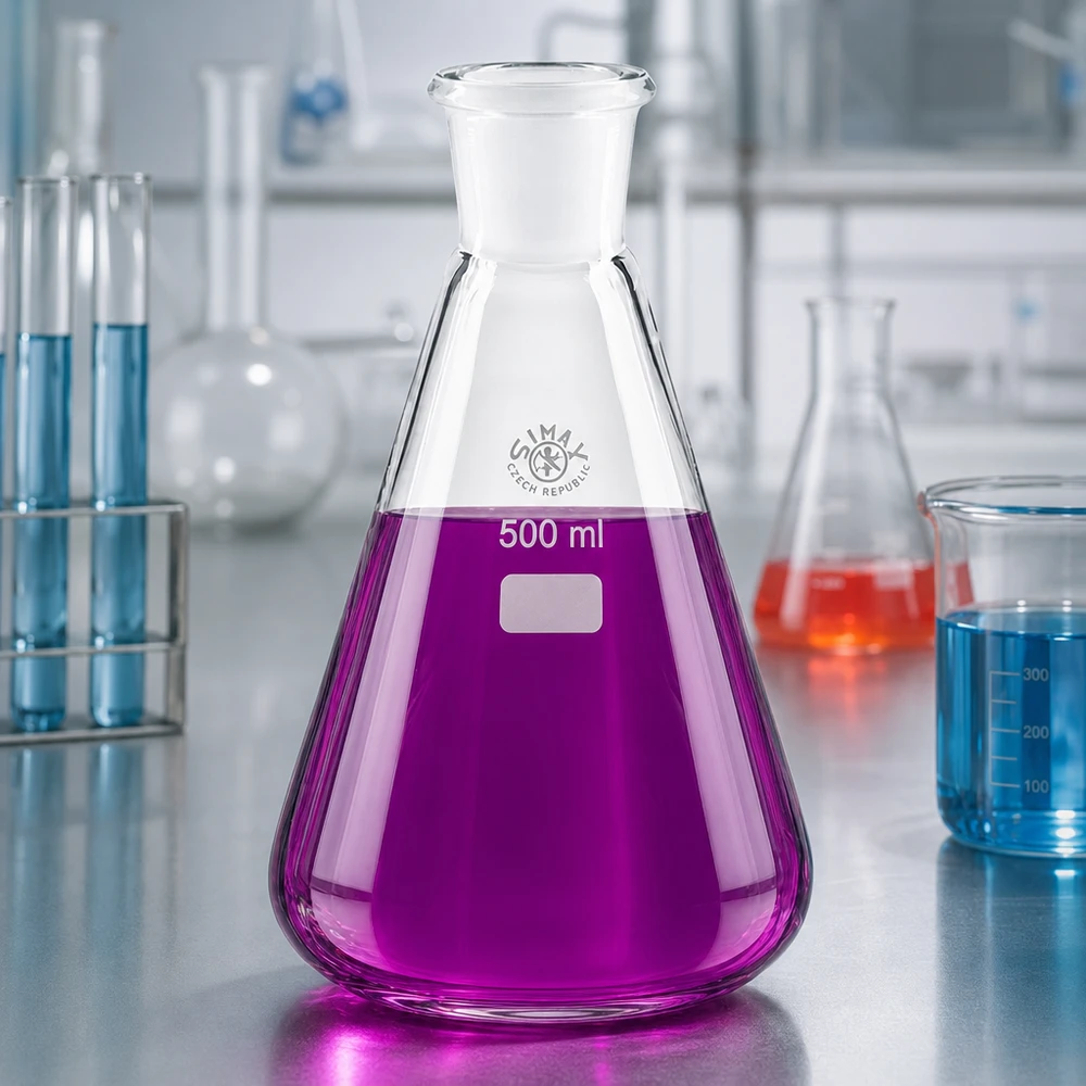 Kegelförmiger Erlenmeyerkolben 500ml mit violetter Indikatorlösung im Chemielabor