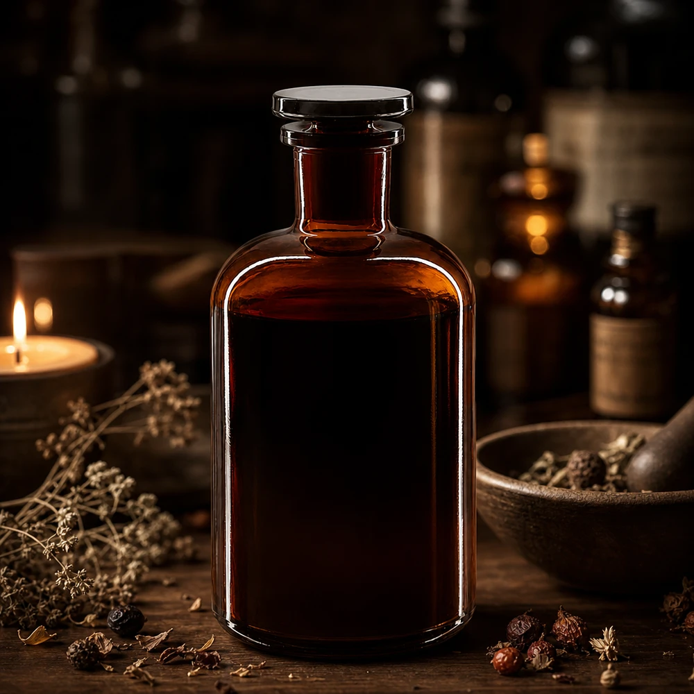 Rundschulterfl. 500ml braun Enghals Glasstopfen Historische Apothekenform 500ml Braunglas Flasche Enghals Glasstopfen Kräuteraufbewahrung