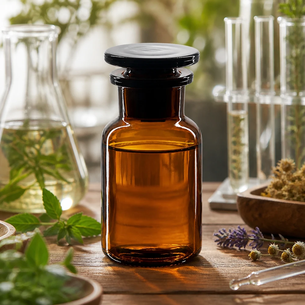 Rundschulterfl. 100ml braun Weithals Glasstopfen Klassische Pharmaflasche 100ml braun Weithals mit Glasstopfen neben Laborgeräten